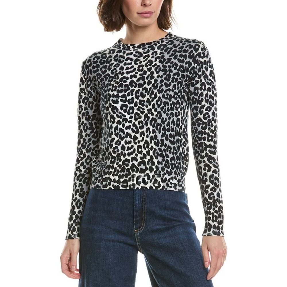 Brodie Cashmere Womens  Leopard Crewneck Cashmere-Blend Sweater, Silver